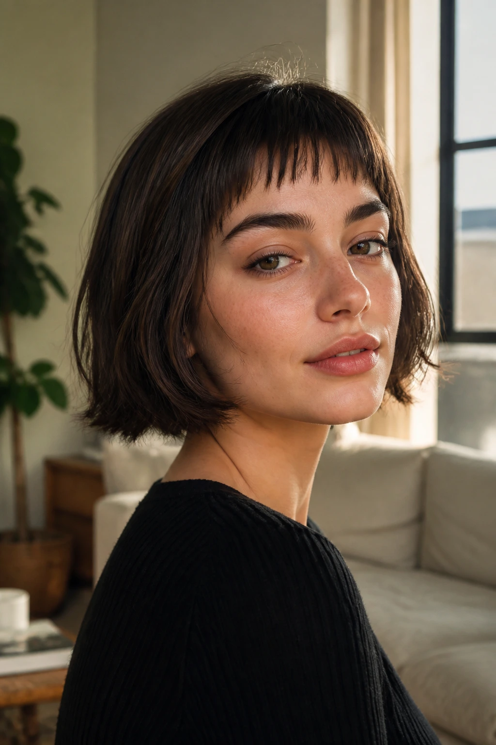 Close-up portrait of a real woman with micro bangs blended into chin-length layers