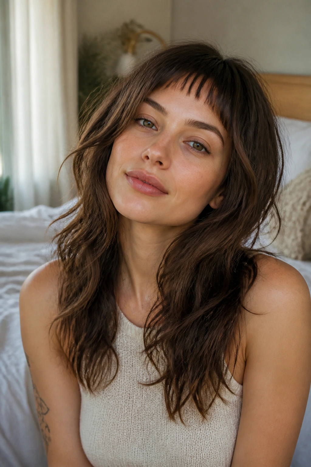 Head-and-shoulders portrait with micro bangs and face-framing layers