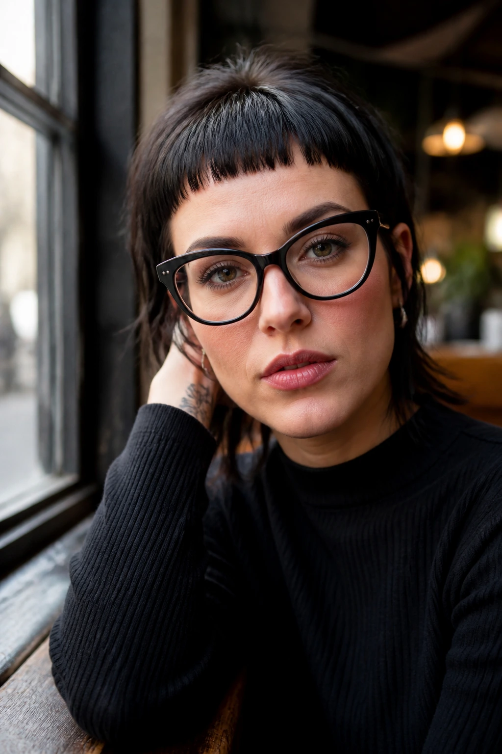 Close-up of a real woman with micro bangs and bold glasses in urban light
