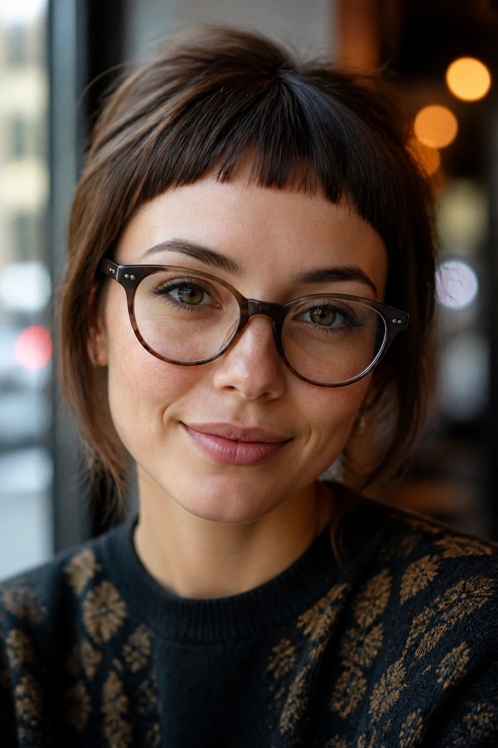 Close-up of a person wearing glasses with a micro fringe that sits above the frame line