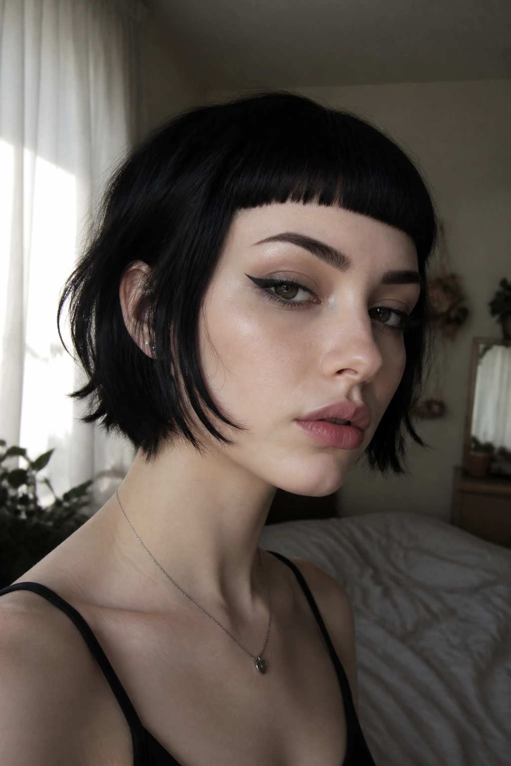 Close-up of micro baby bangs with a hard line on jet-black hair in a softly lit bedroom