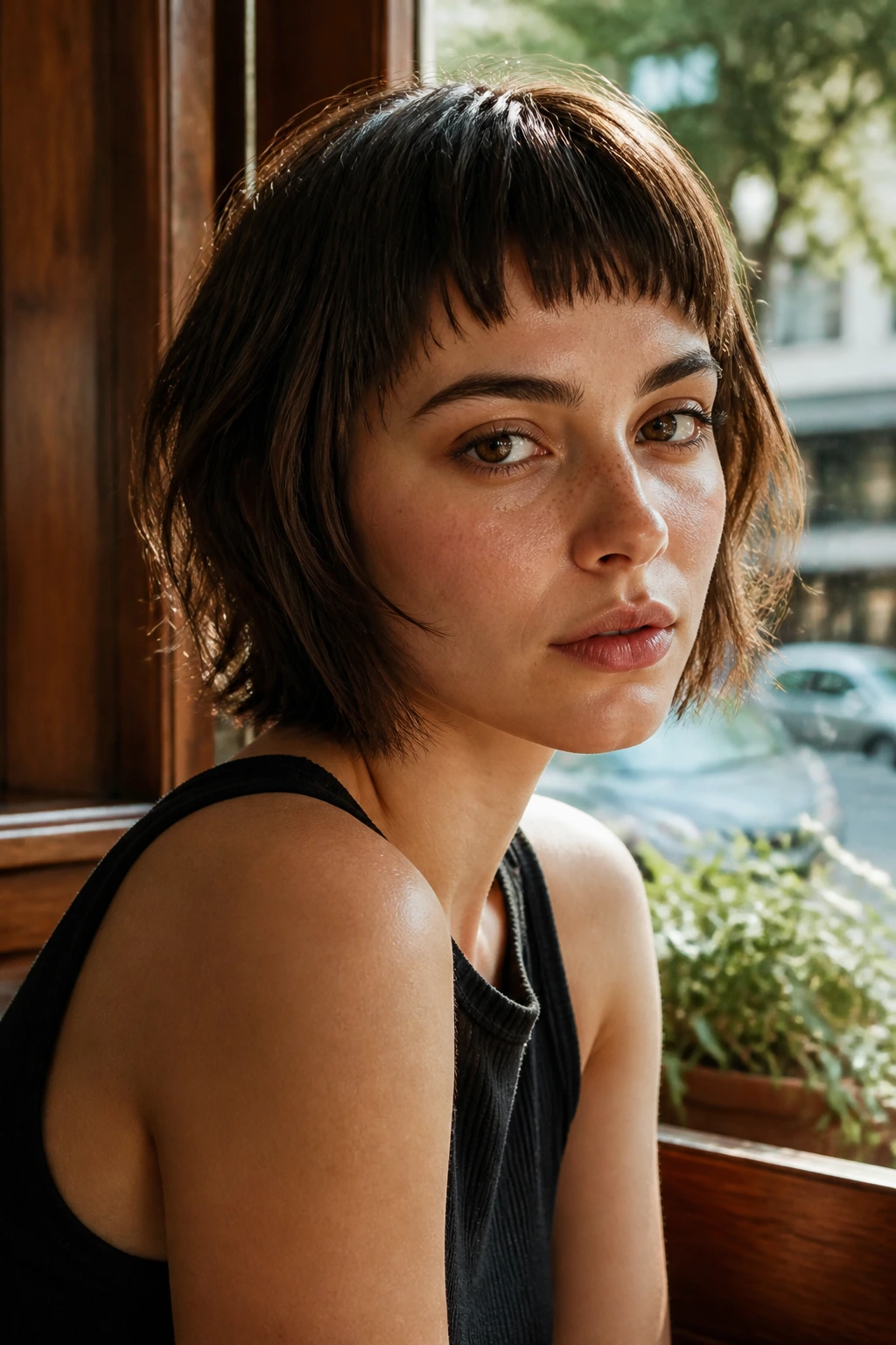 Close-up of a woman with micro bangs and layered bob in sunlit cafe setting