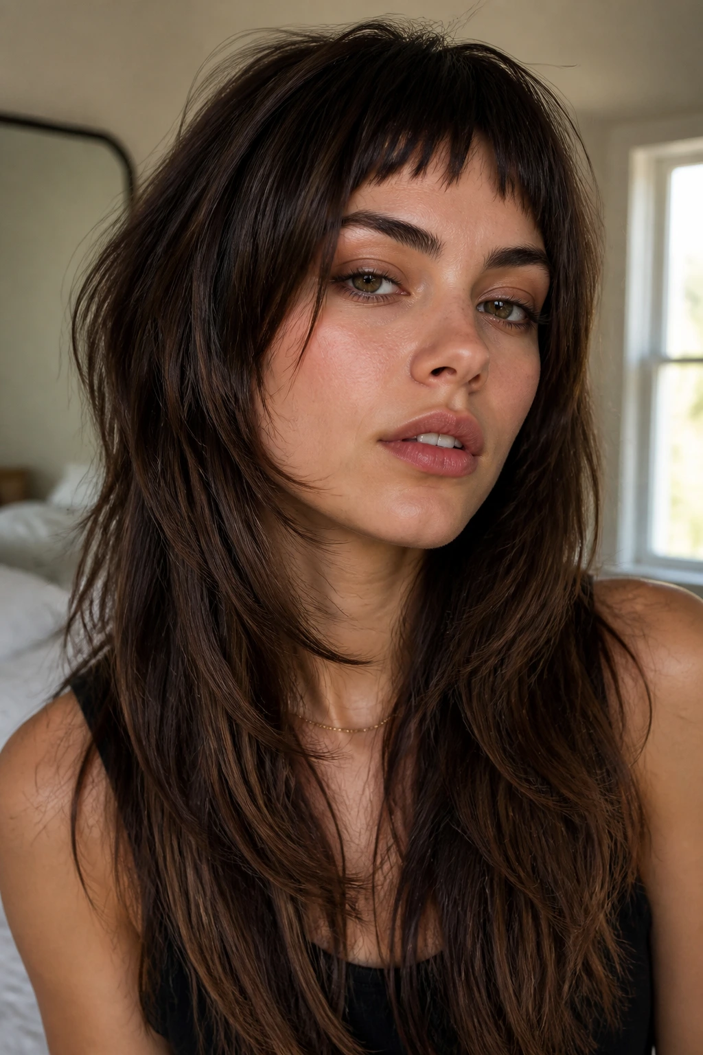 Close-up of a real person with long piecey layers and micro bangs in natural light