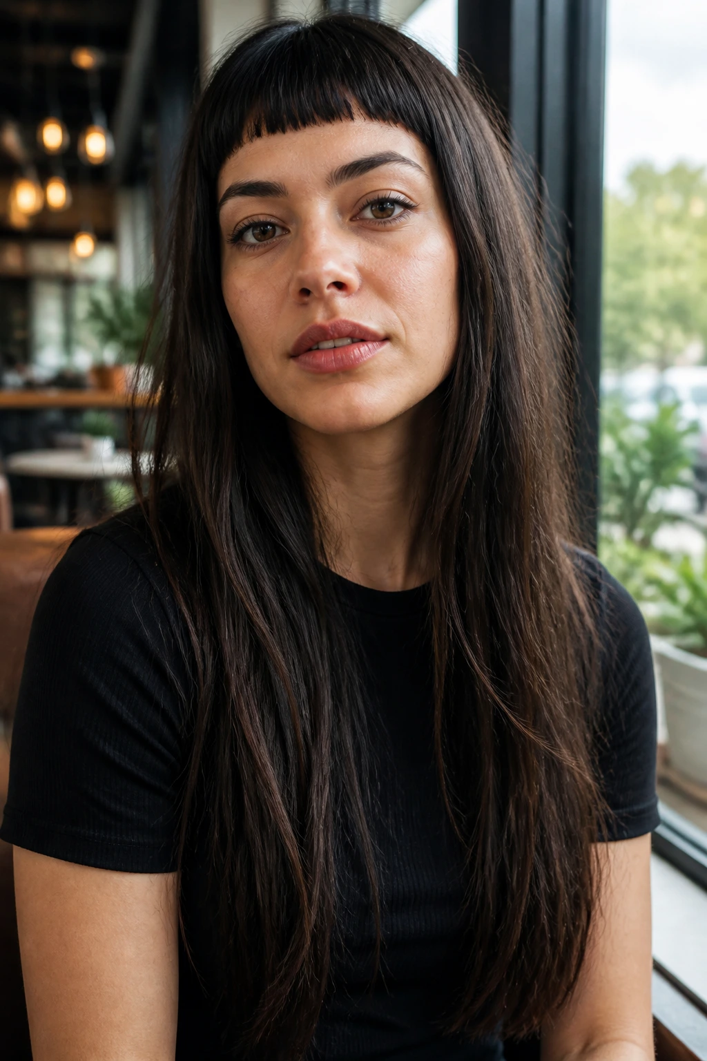 Portrait of a real person with micro bangs and long lean hair