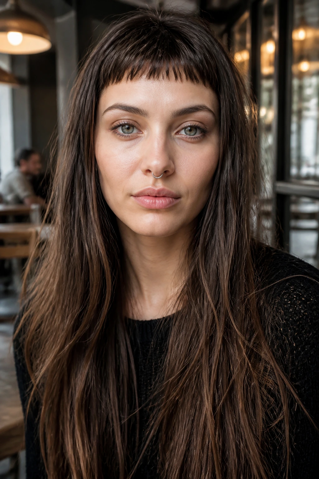 Close-up of a real woman with micro bangs atop the forehead and long hair around her face