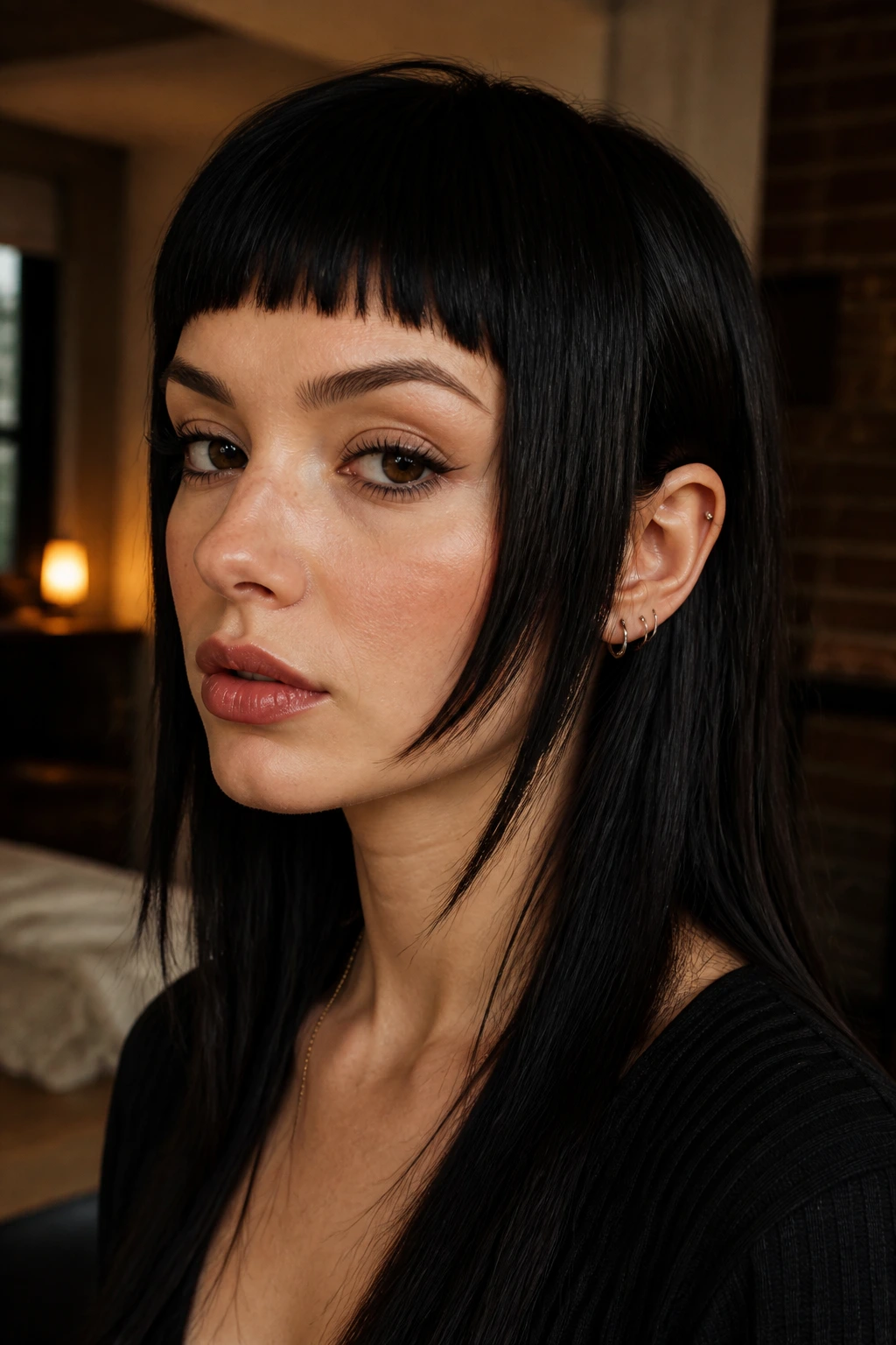 Close-up portrait of a woman with micro bangs and longer side pieces in warm ambient light