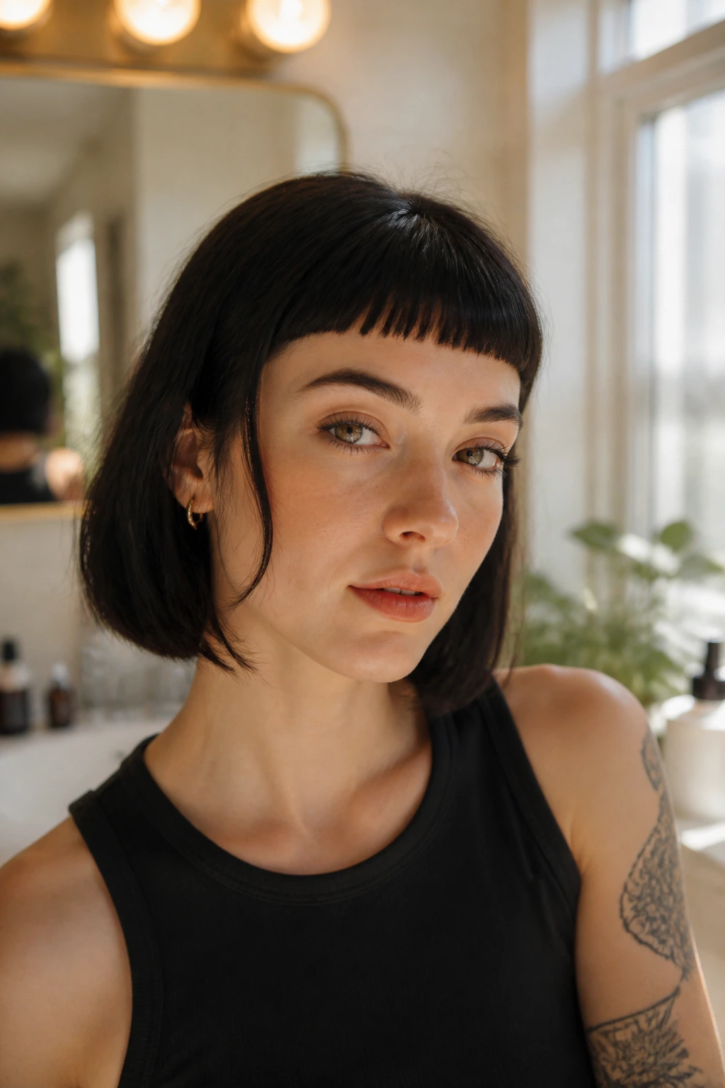 Close-up portrait of a real person with micro bangs under soft natural bathroom light