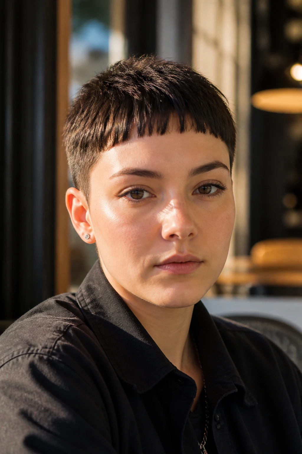 Real person with micro bangs and tight nape taper.