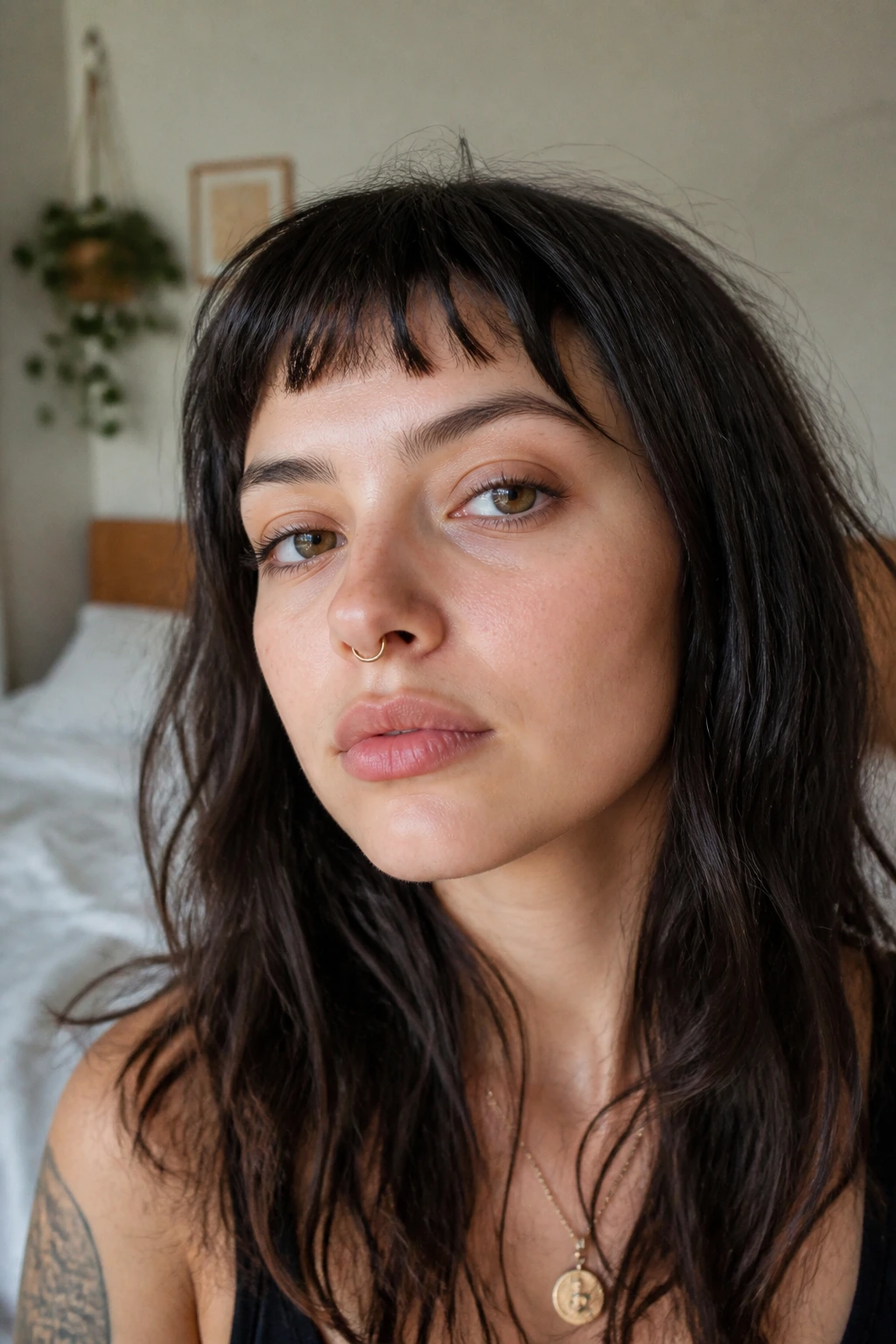 Close-up portrait of a real woman with micro bangs in soft natural light