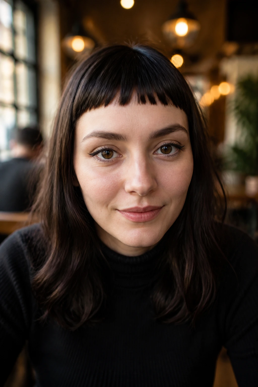 Portrait of a real woman with micro bangs above the brows in warm cafe light