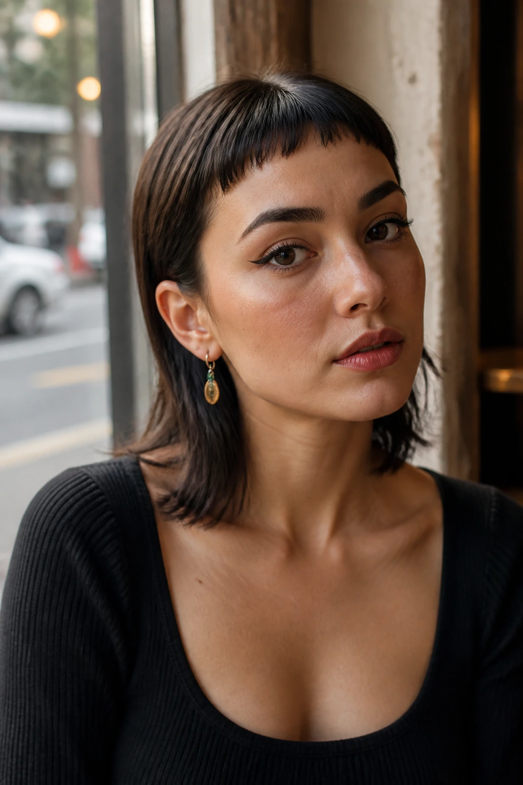 Close-up portrait of a person with micro bangs high on the forehead