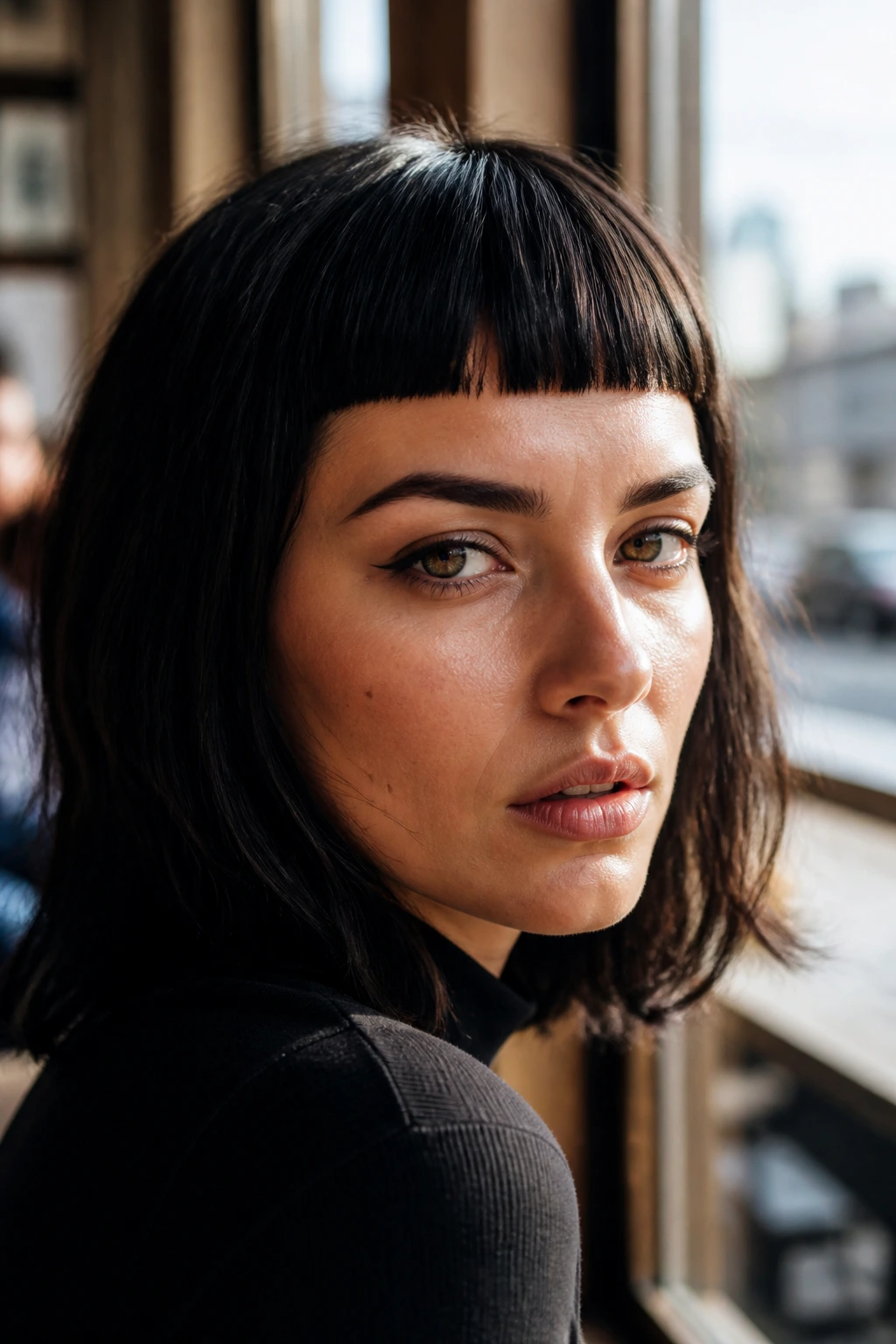 Close-up portrait of a real woman with micro bangs in daylight at a cafe window