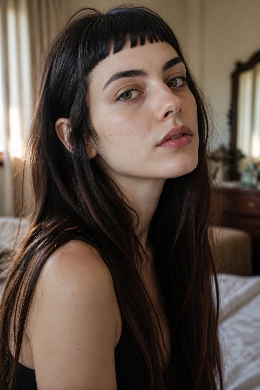 Close-up portrait of a real woman with high micro bangs and long hair, natural window light