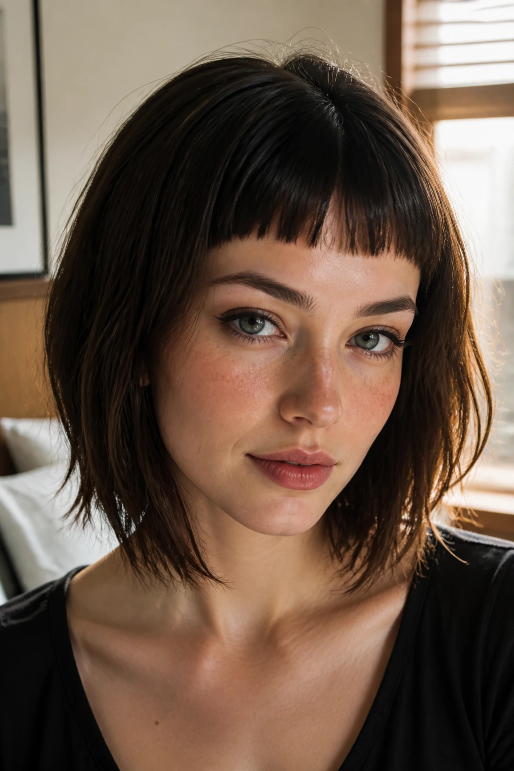 Close-up portrait of a real woman with micro bangs under warm window light.
