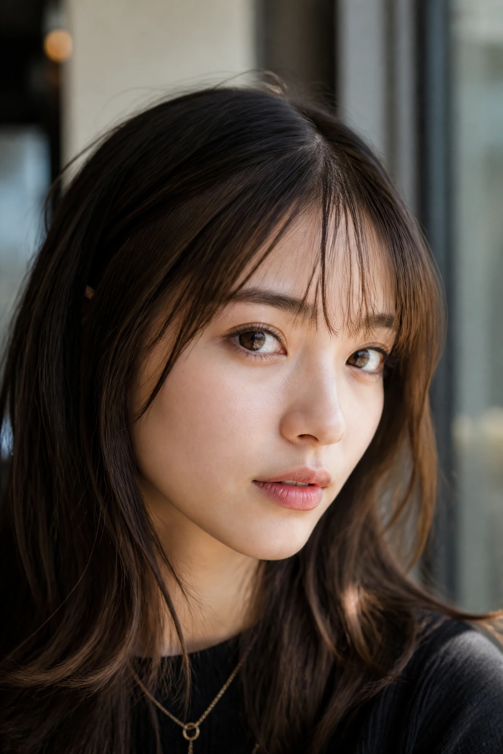 Woman with see-through micro bangs in soft daylight by a window.