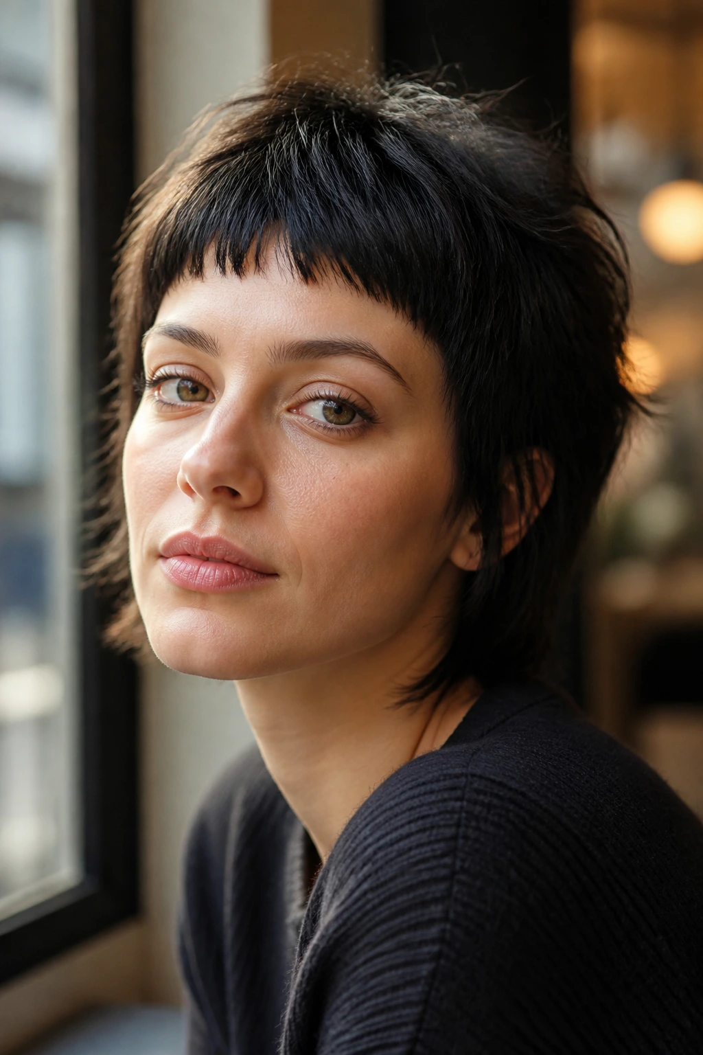 Close-up of a real woman with micro bangs and short shag texture.