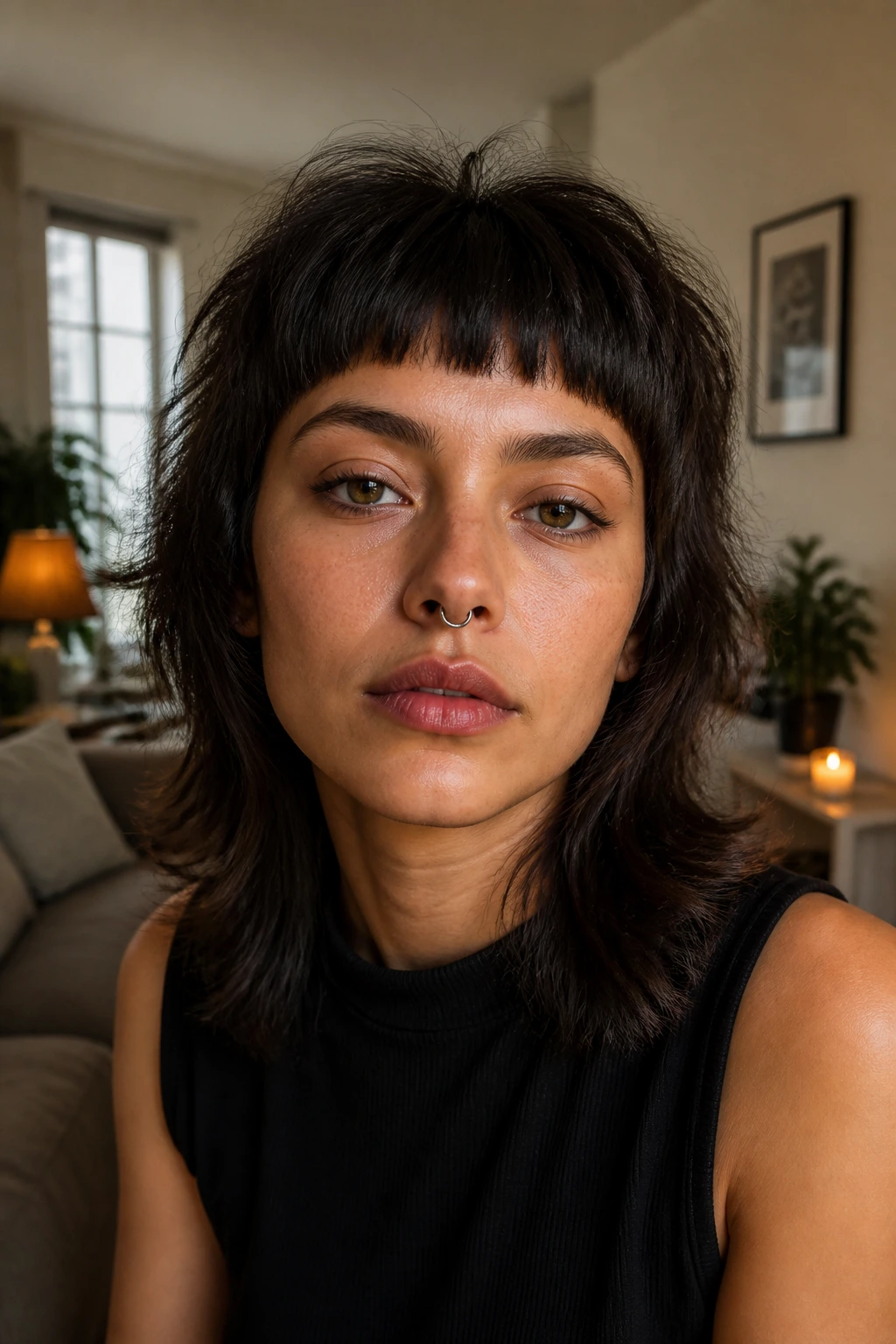 Portrait of a person with bold micro bangs and shag hairstyle