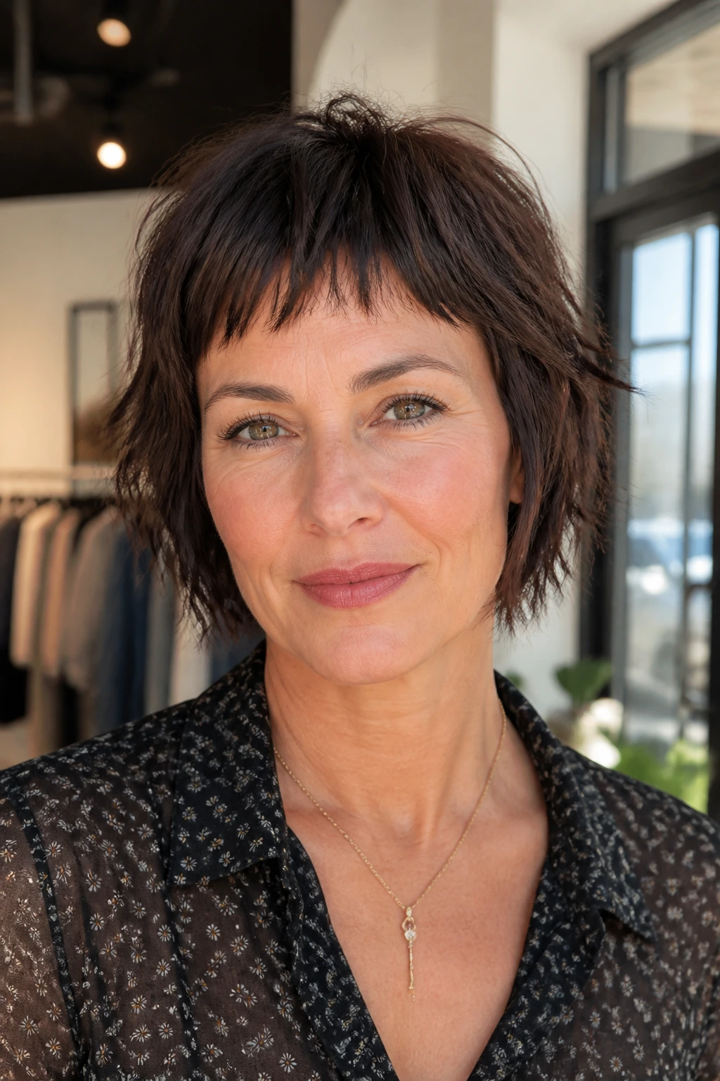 Close-up portrait of a real woman with micro-bang crop shag in urban light.