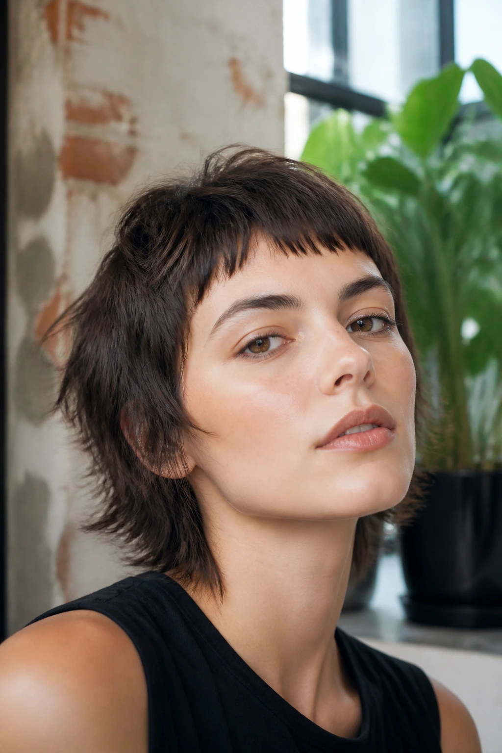 Portrait of a person with micro bangs and mod shag.