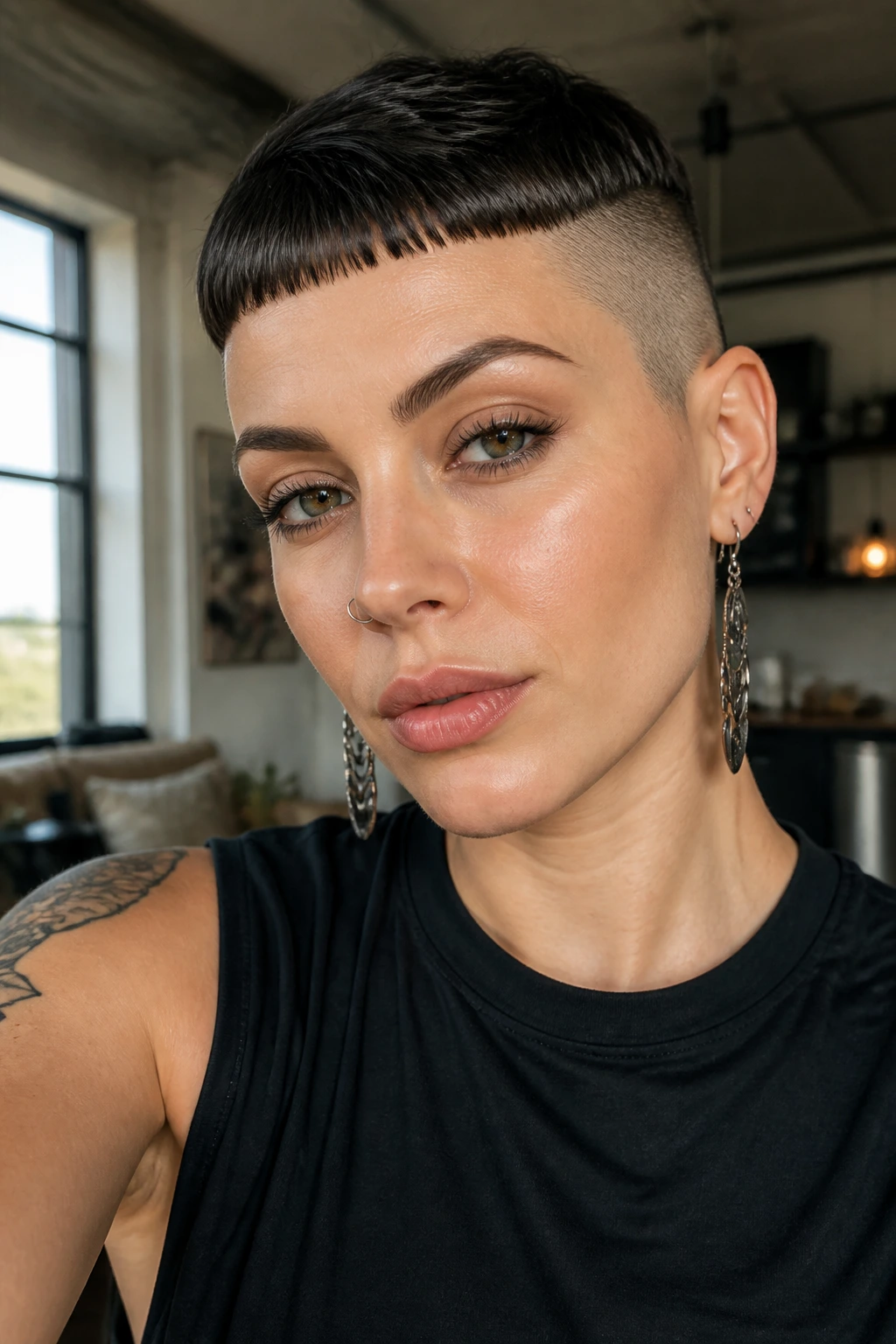 Front portrait of woman with micro bangs and clean shaved sides