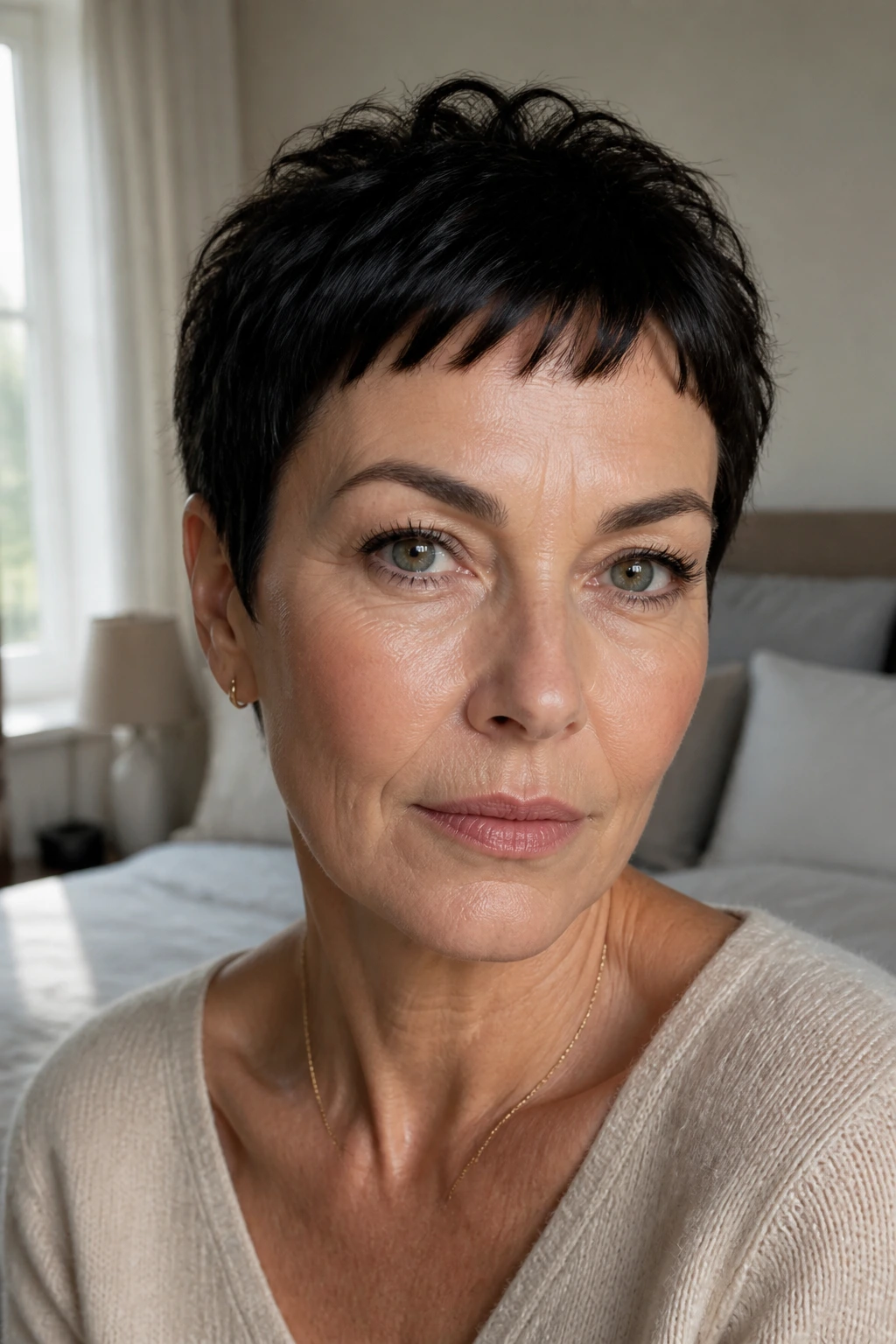 Close-up portrait of a real woman with micro bangs above the brows in soft window light