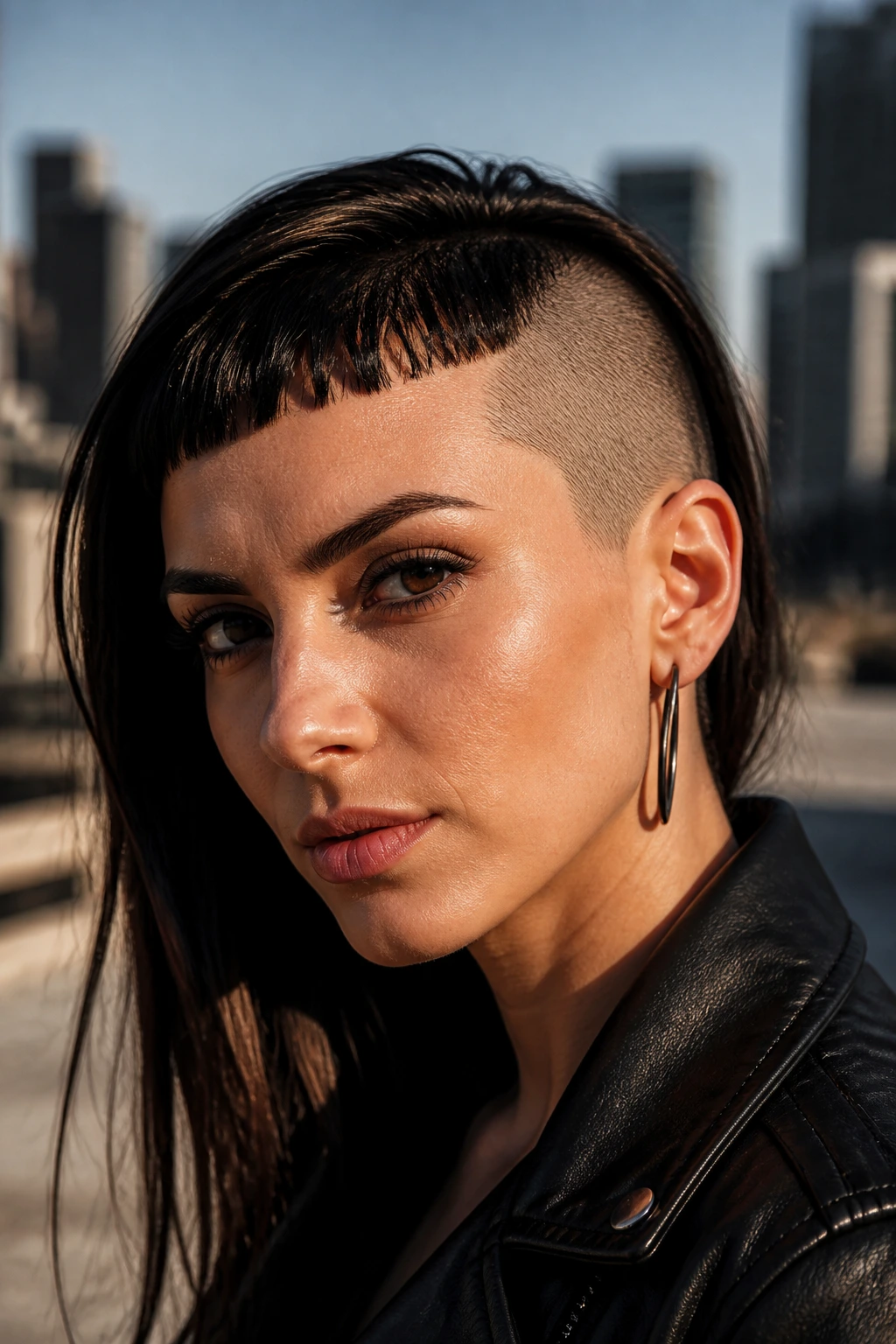 Close-up portrait of a person with micro bangs and a heavy side shave