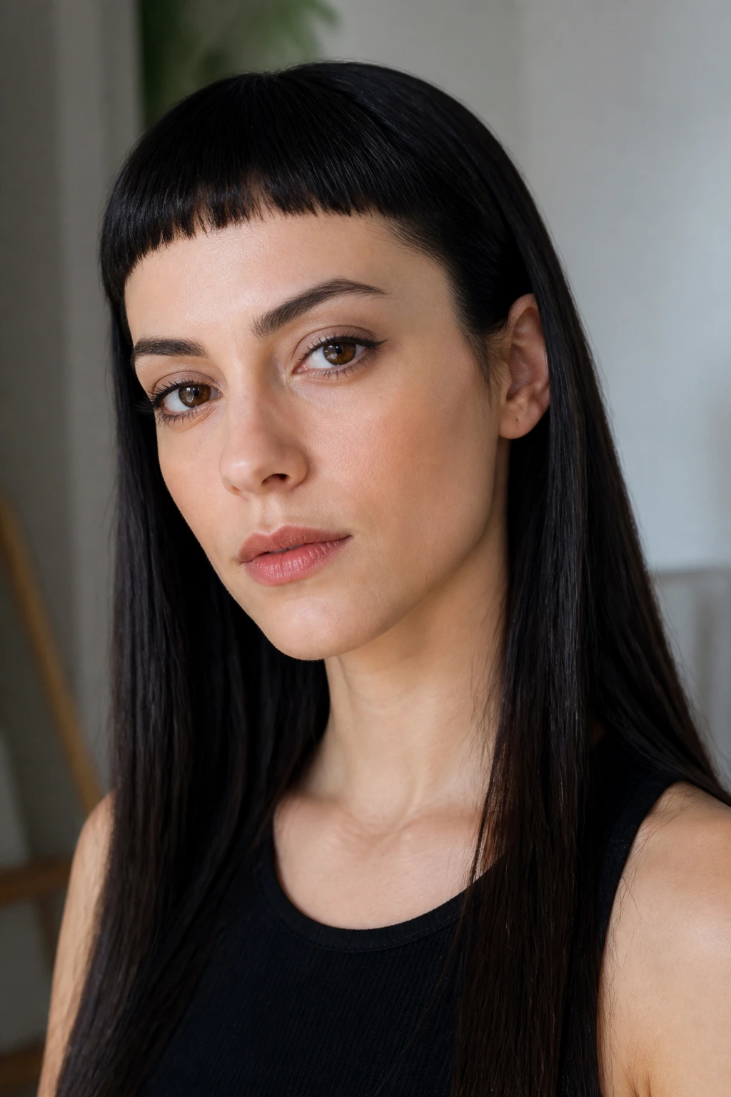 Close-up portrait of a real person with micro bangs and sleek long hair