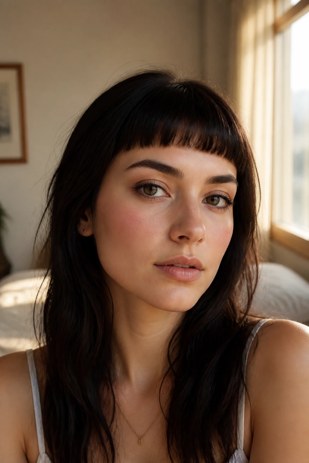 Close-up portrait of a real woman with softly tapered micro bangs framing the face