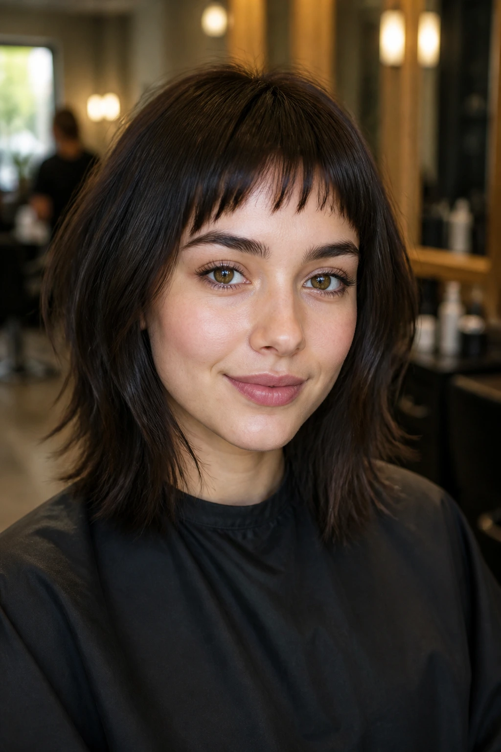 Close-up of a real woman showing soft center with angled sides micro bangs in a salon