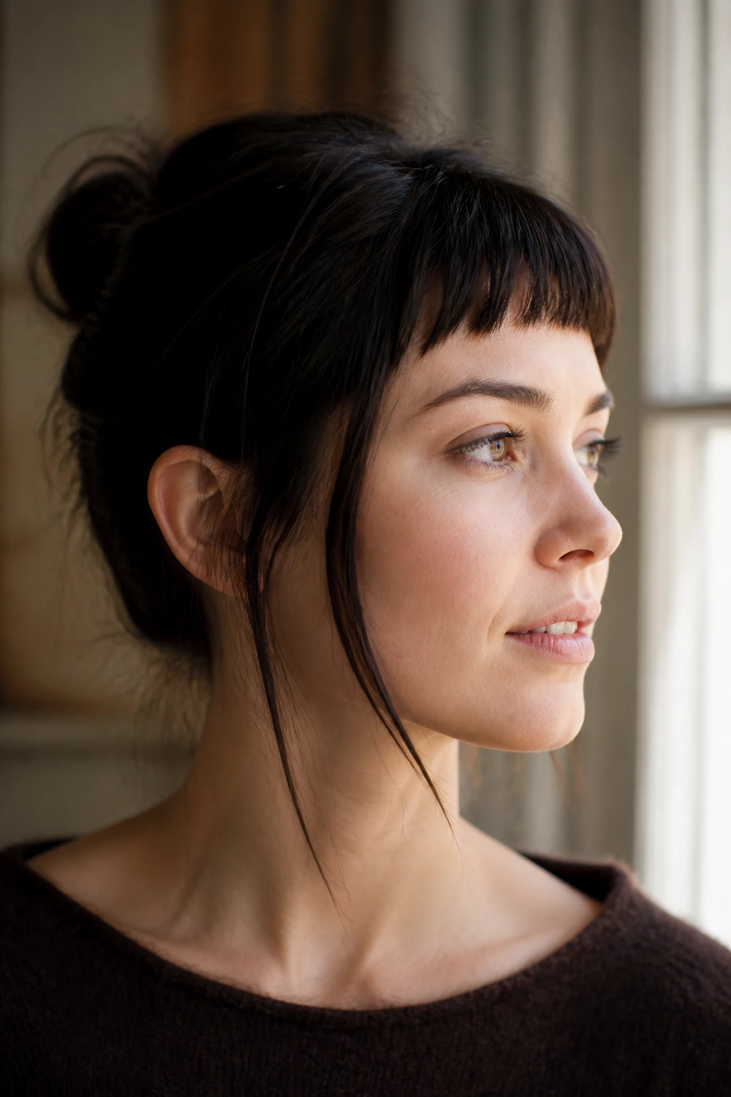 Real woman with micro bangs and long temple pieces near the cheeks