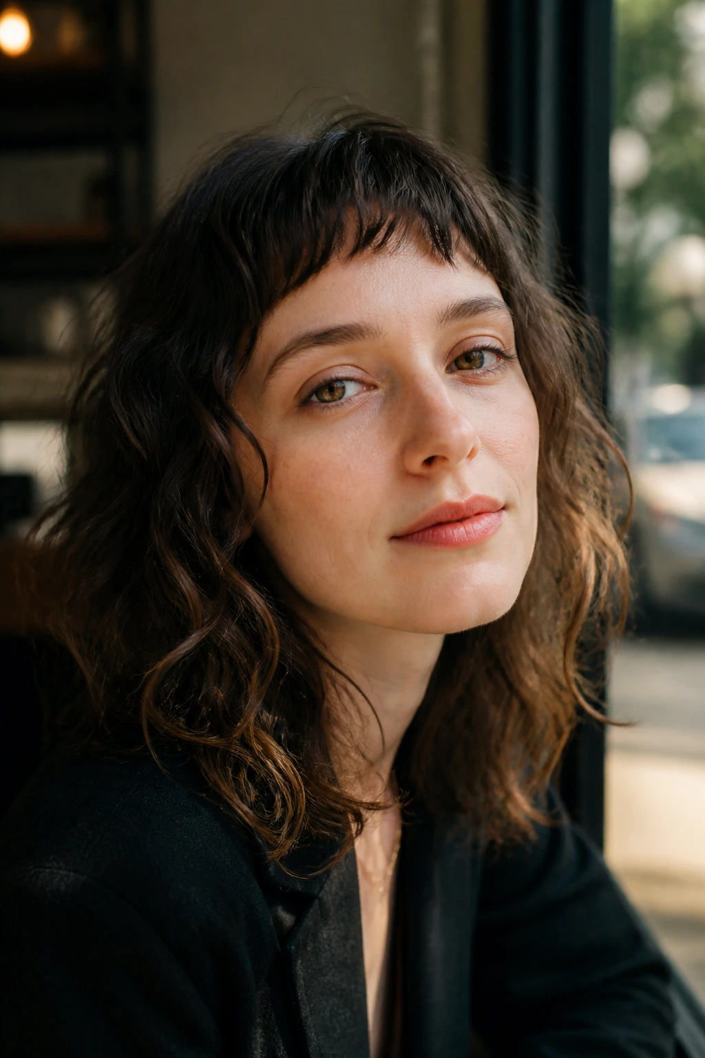 Close-up portrait of a real person with micro bangs and tousled waves in natural cafe light