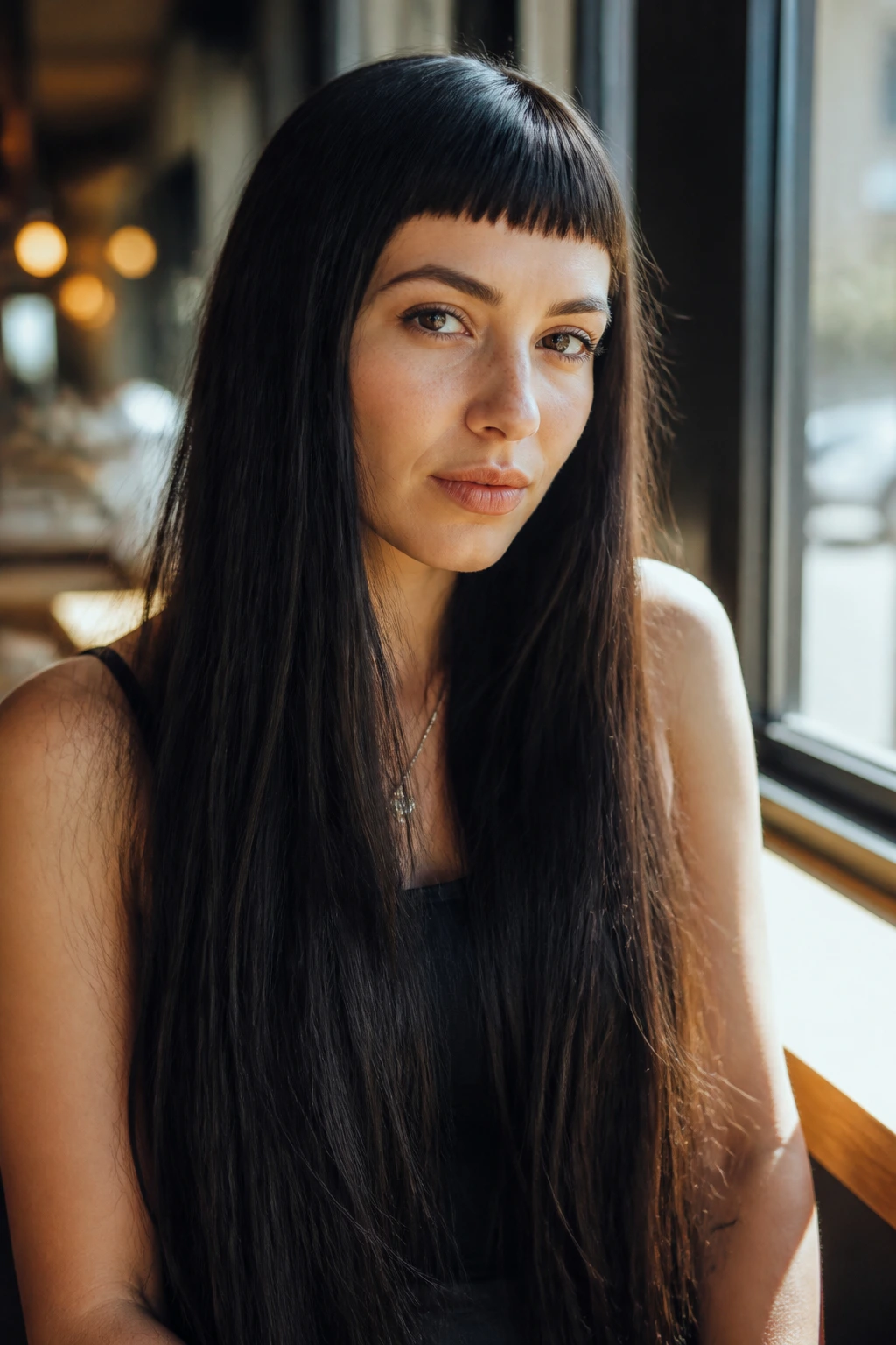 Micro bangs against waist-length hair close-up portrait in sunlit cafe