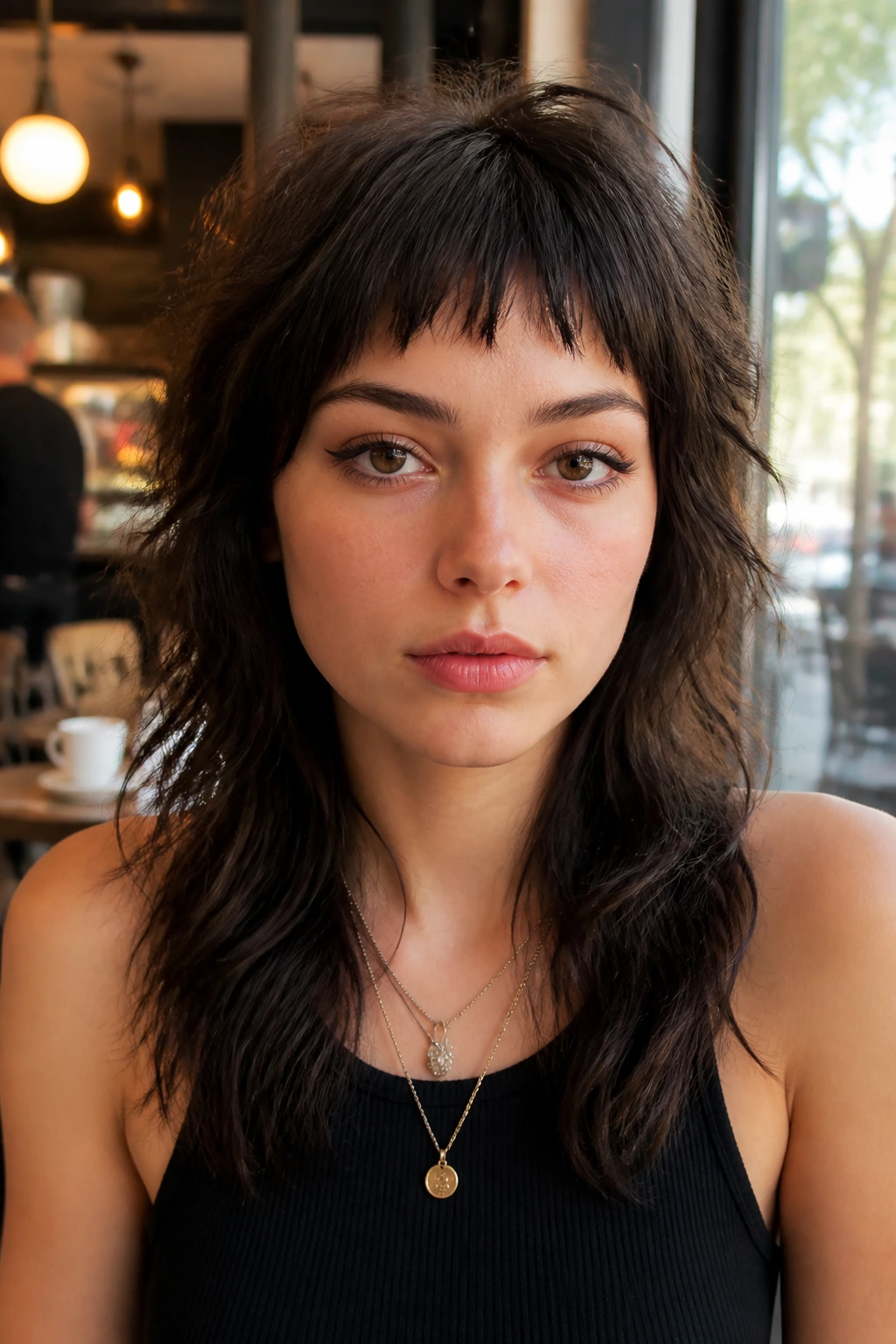 Close-up portrait of a person with soft rebel wolf and micro bangs