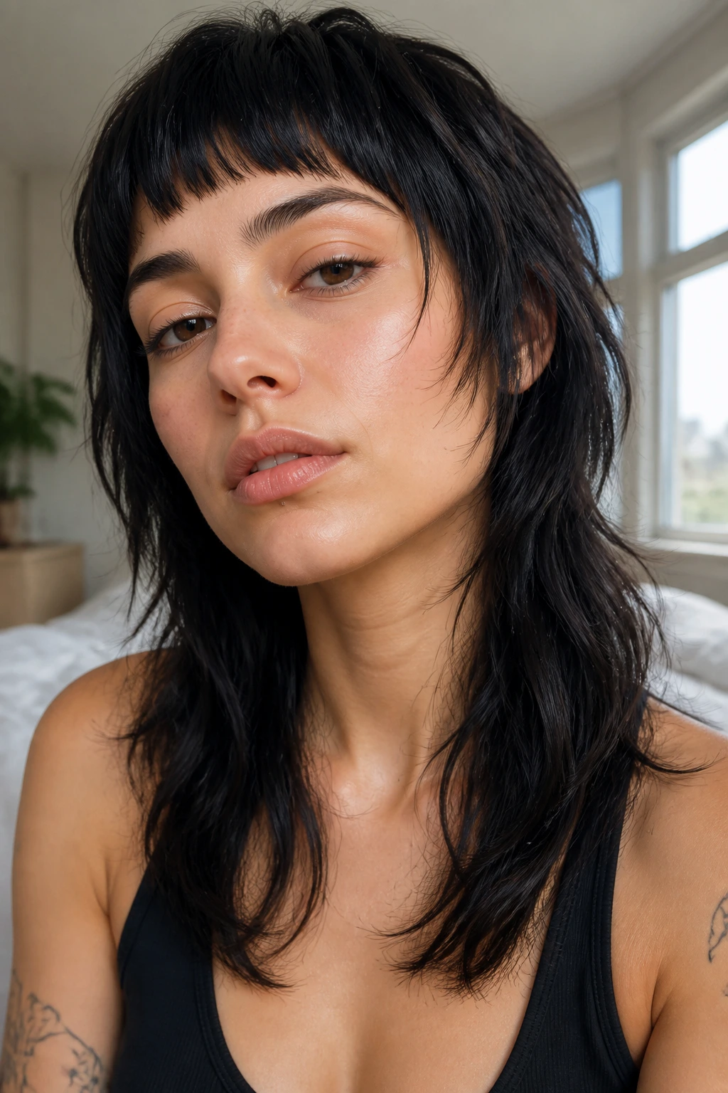 Close-up portrait of real person with micro bang wolf cut in a bright bedroom