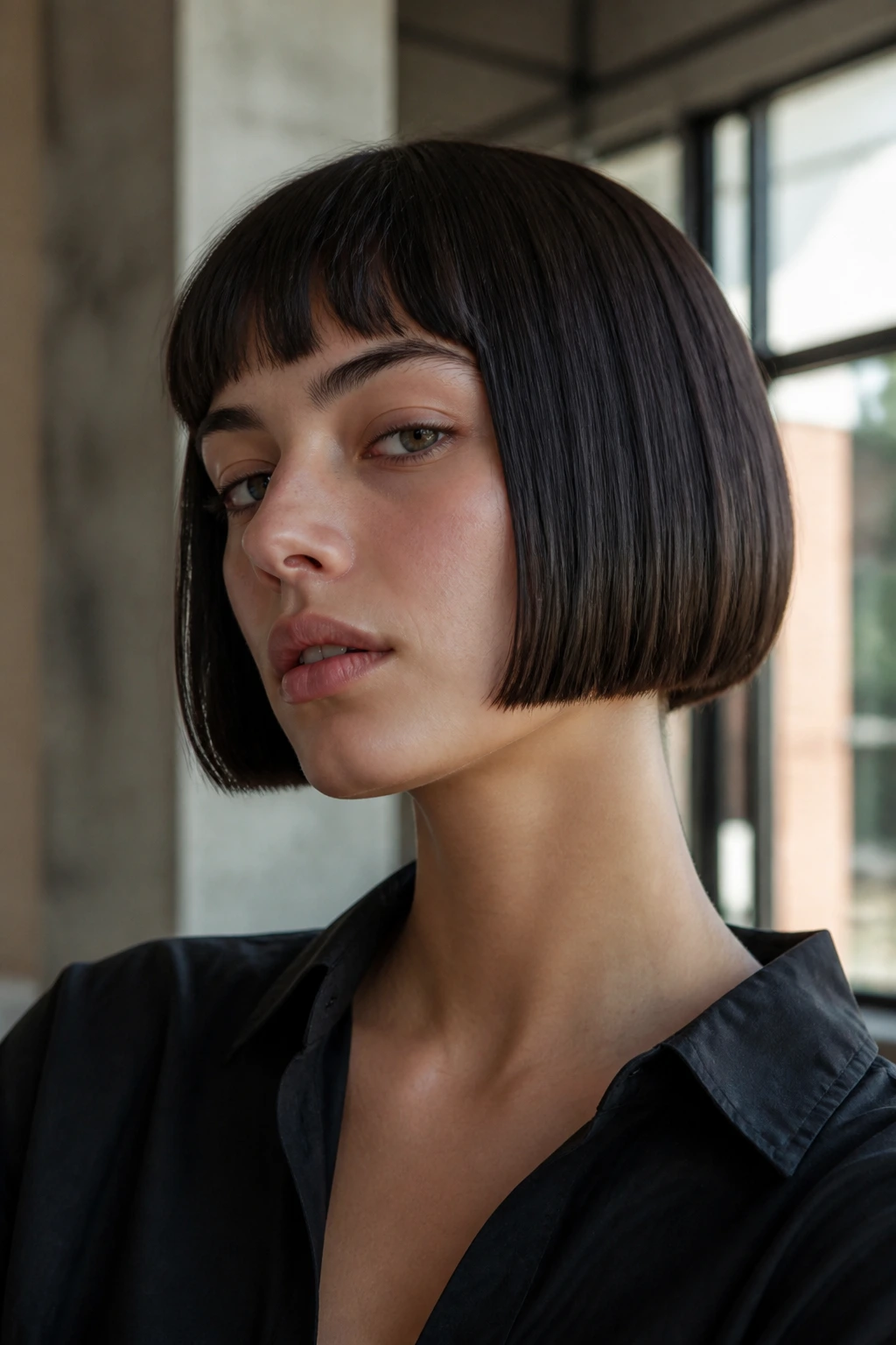 Micro blunt bob on real woman ending above jaw with clean edge