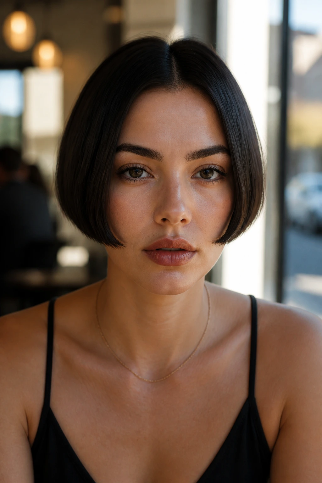 Close-up of real woman with micro blunt bob above the jawline