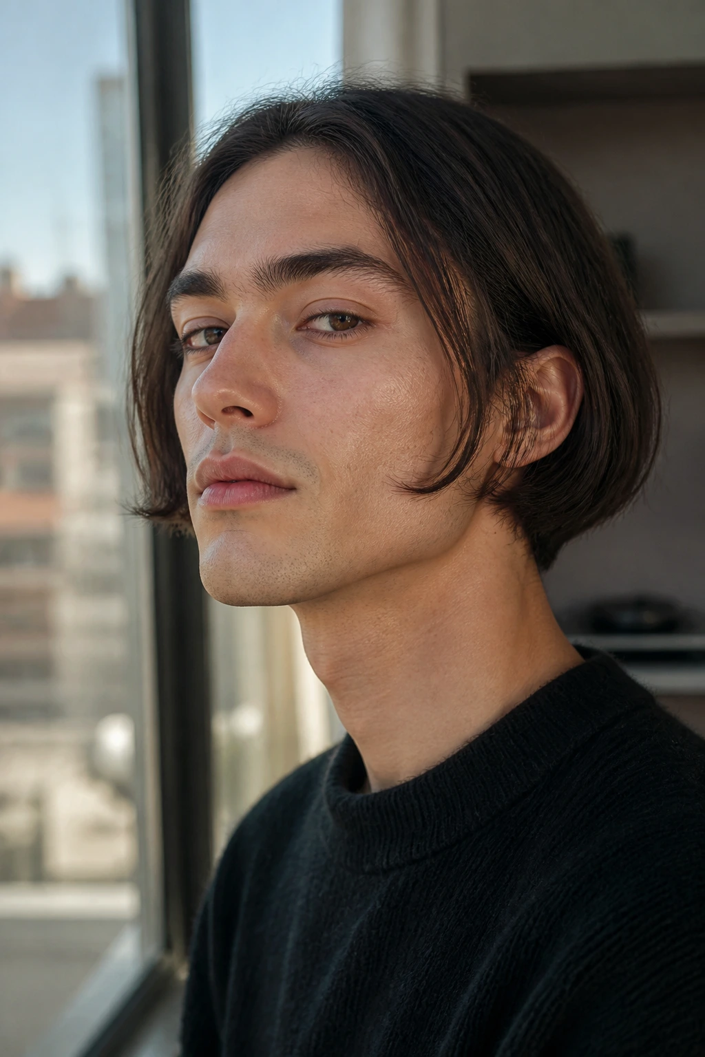 Close-up of man with micro bob in modern apartment