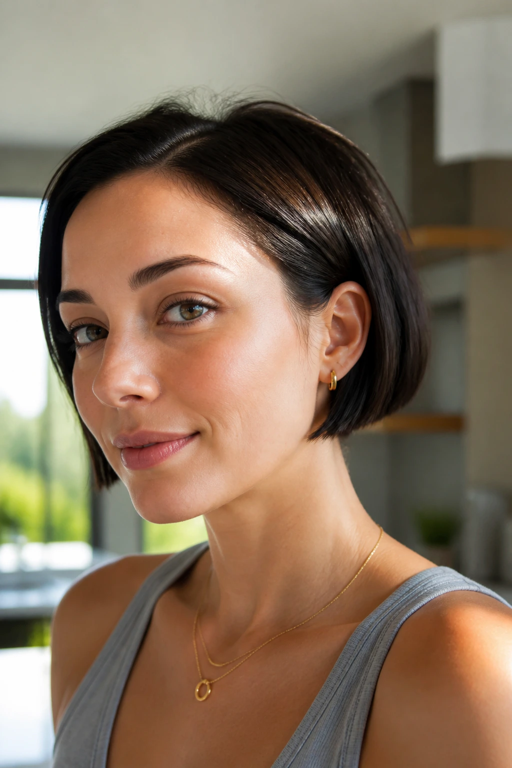 Real woman with micro bob above the jaw, crisp neat hem.