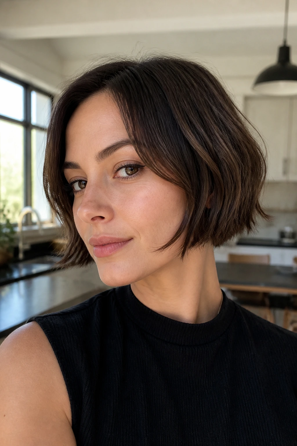 Close-up portrait of a real person with a micro bob featuring airy, softly flicked ends.
