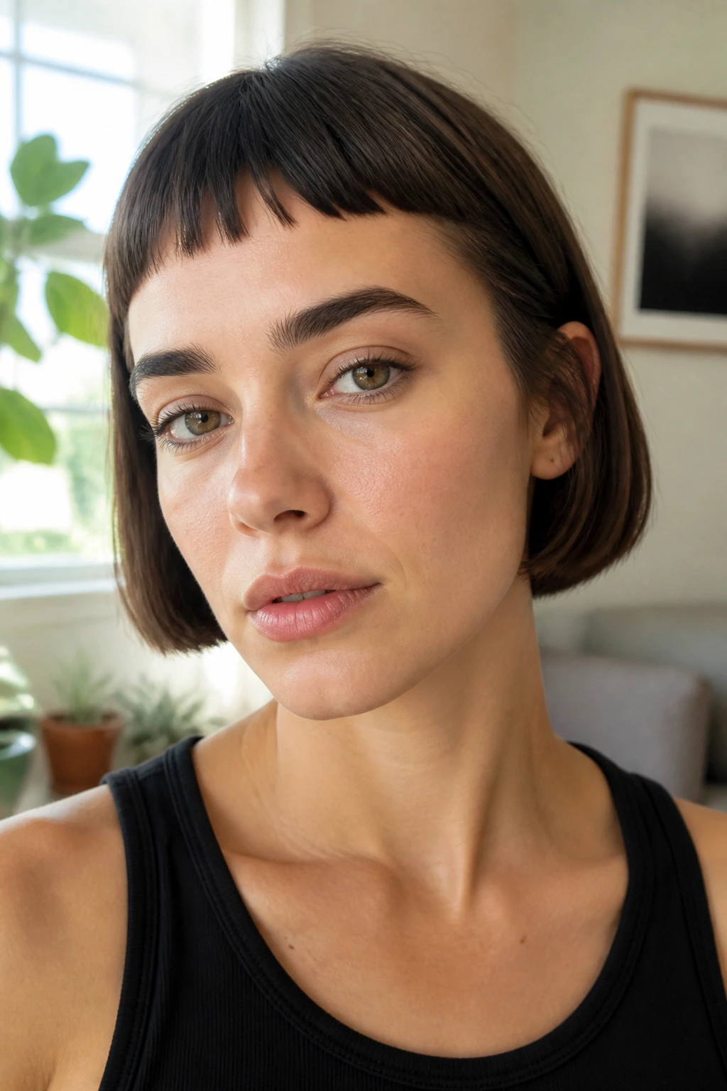 Close-up portrait of a real woman with a micro-bob and baby bangs in natural light