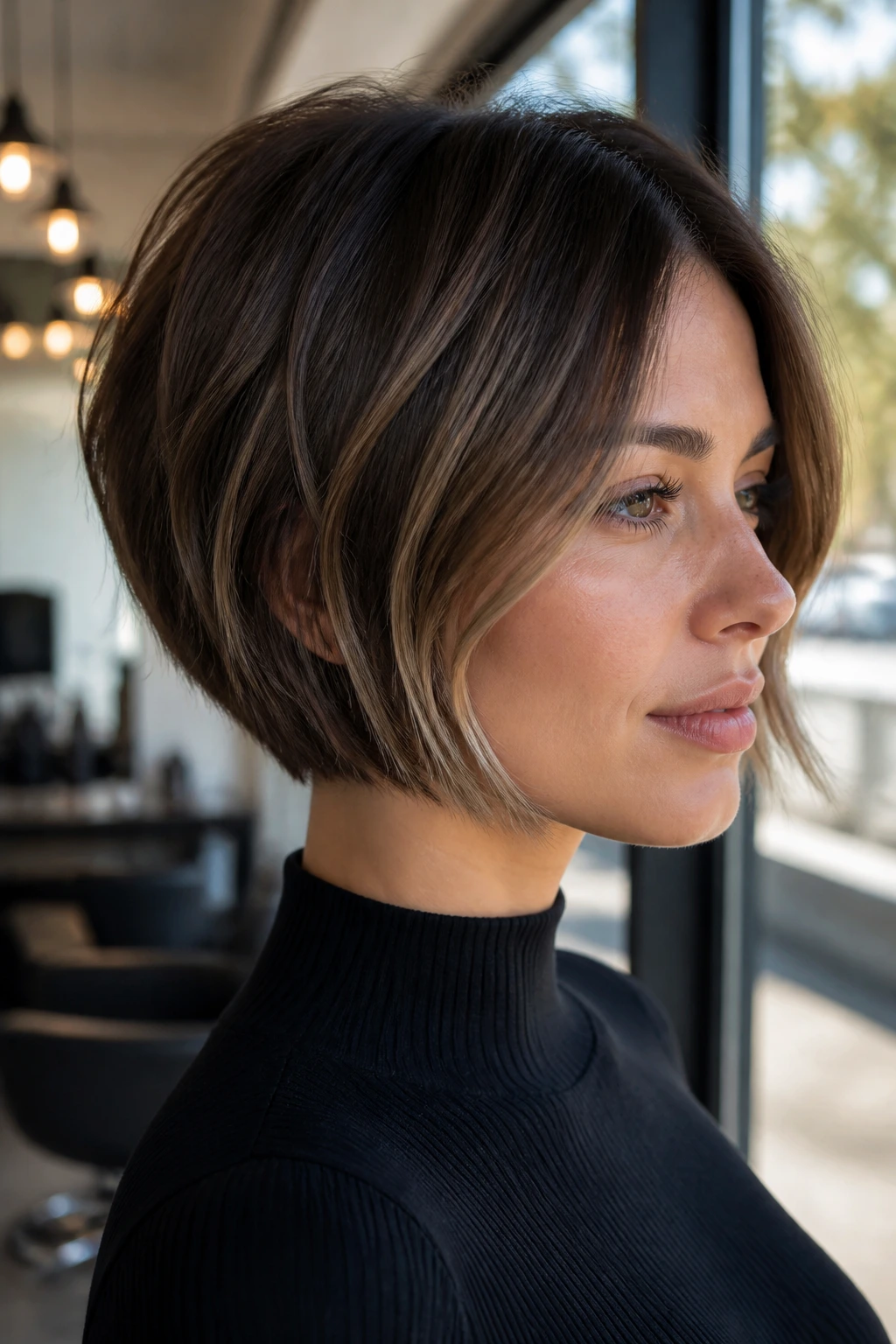 Close-up portrait of a real woman with a micro bob and dimensional brunette balayage.