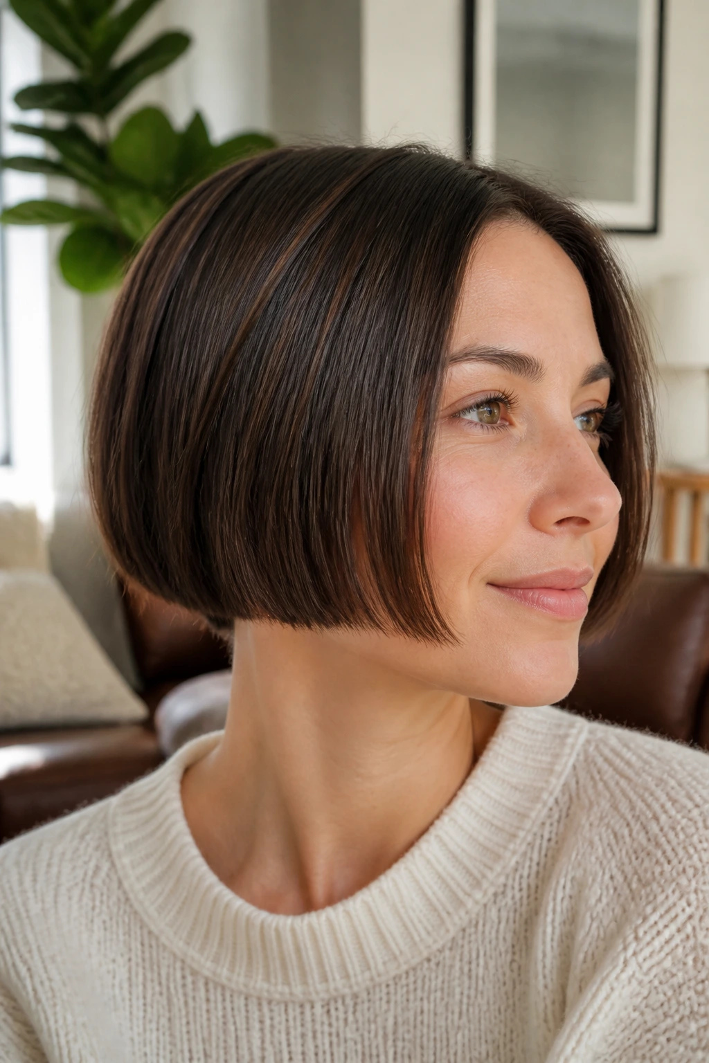 Portrait of a woman with a micro bob and blunt hem