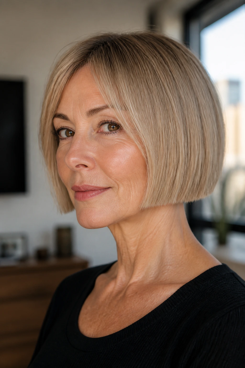 Close-up portrait of a real woman with a blunt-edged micro bob.