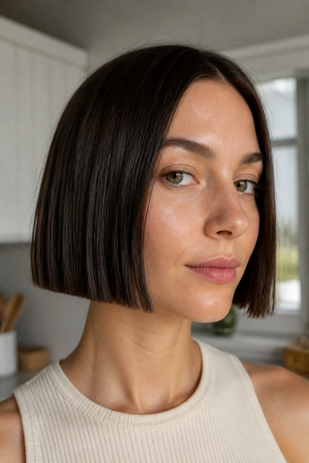 Woman with a blunt micro bob and sharp ends