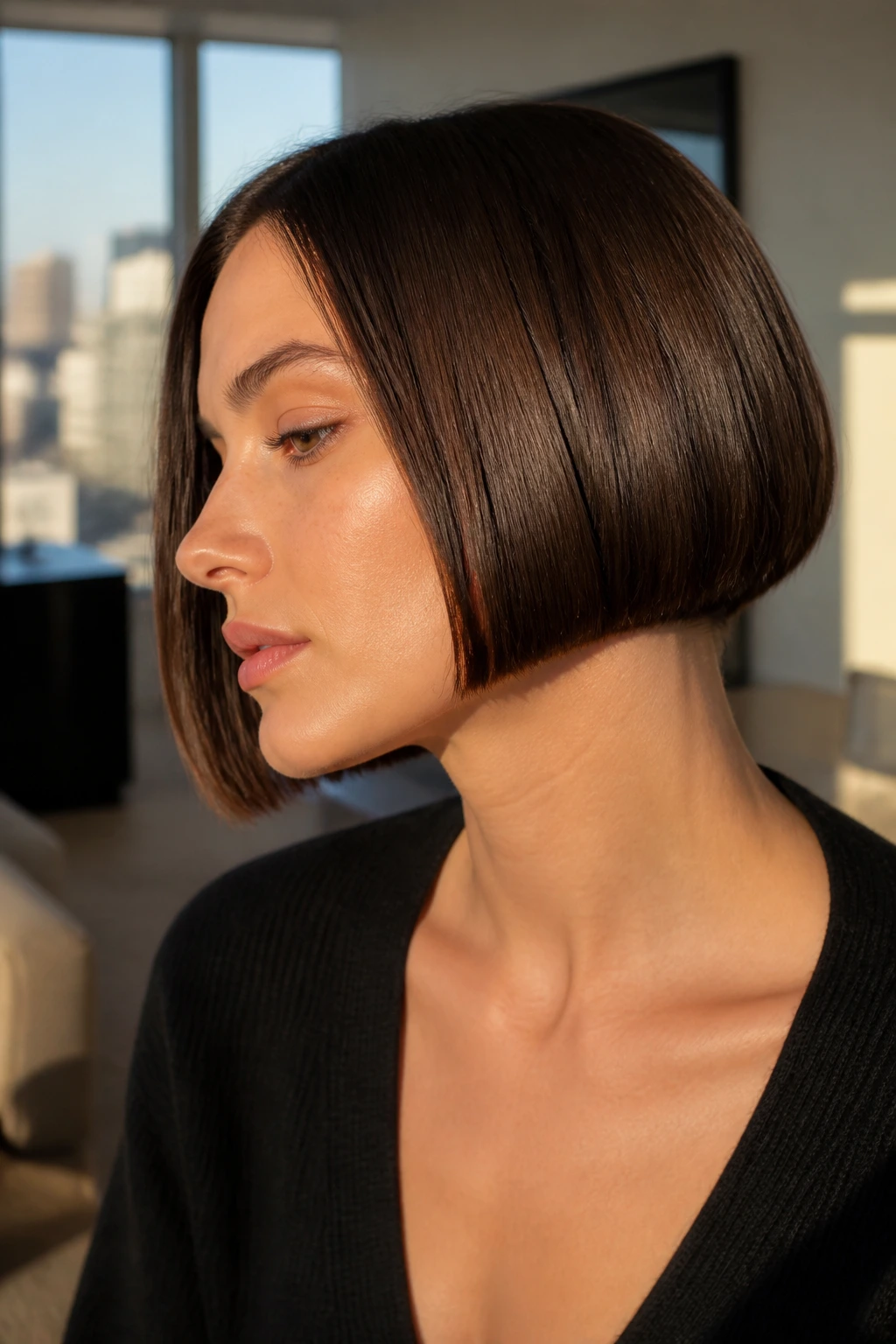 Close-up portrait of a real woman with a chin-length micro bob and clean edges