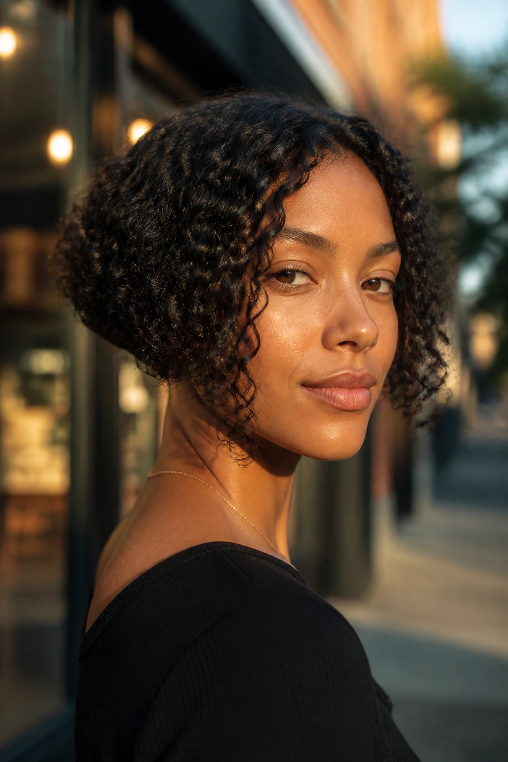 Close-up of a woman with Micro Bob front corners in golden hour light