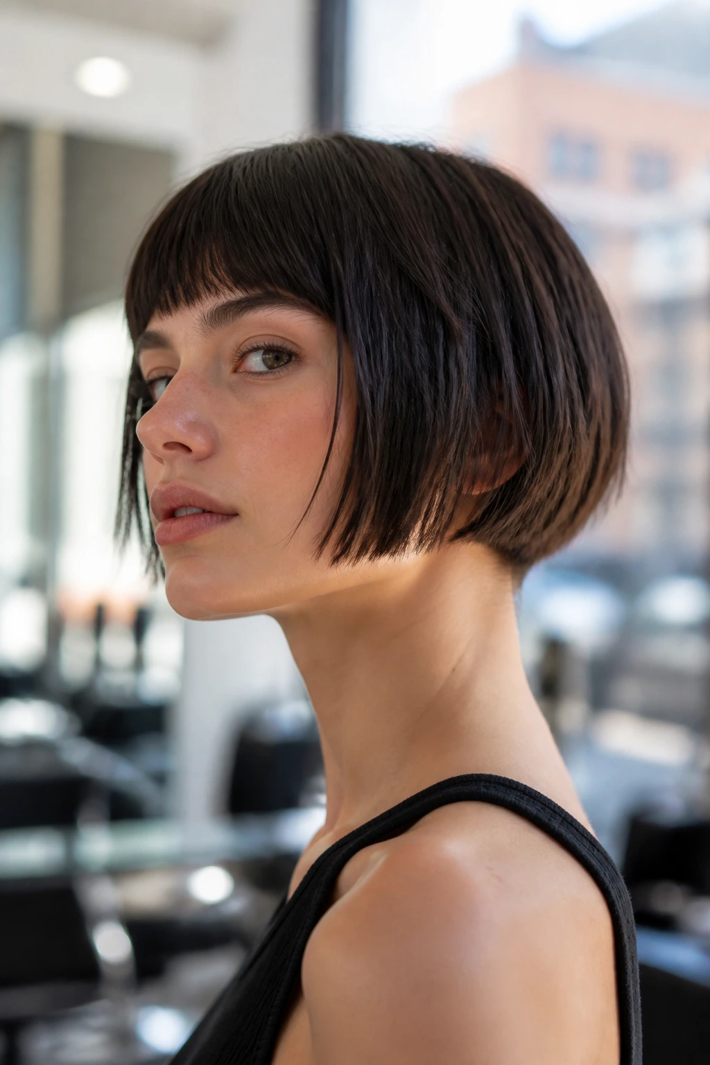 Real person with a micro bob cropped above the jawline showing texture