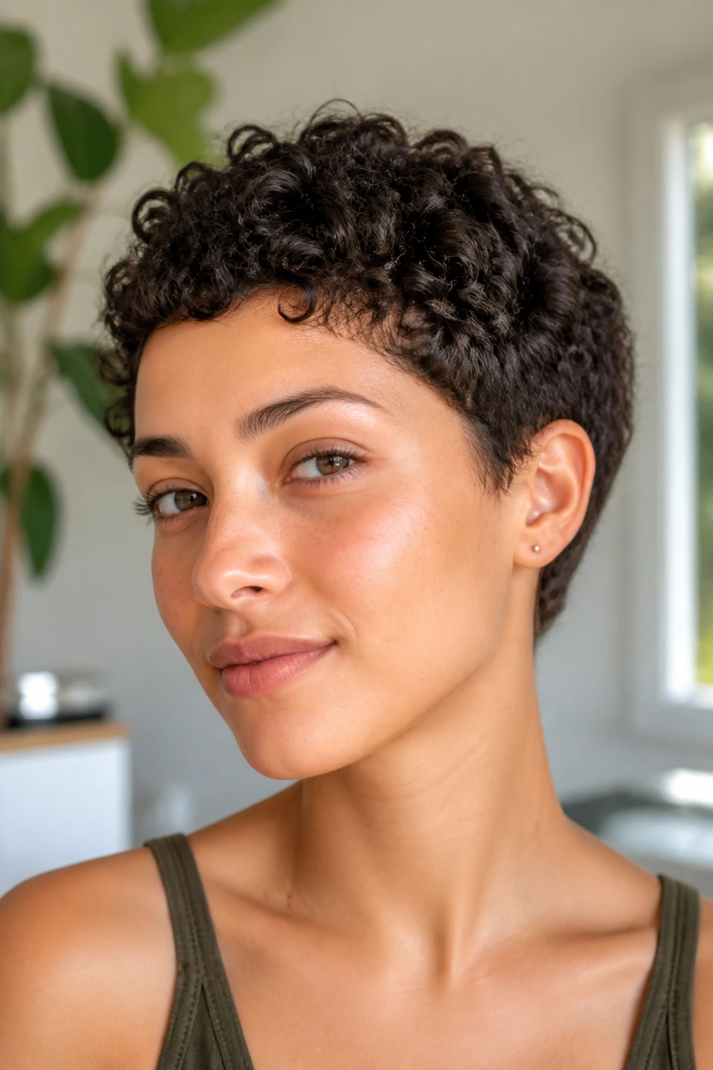 Close-up of real woman with micro bob around the ears showing crisp outline