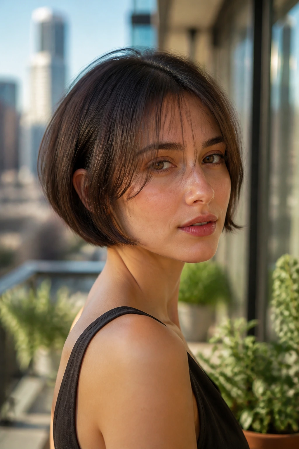 Close-up portrait of a woman with micro bob and wispy curtain bangs on a sunny city balcony