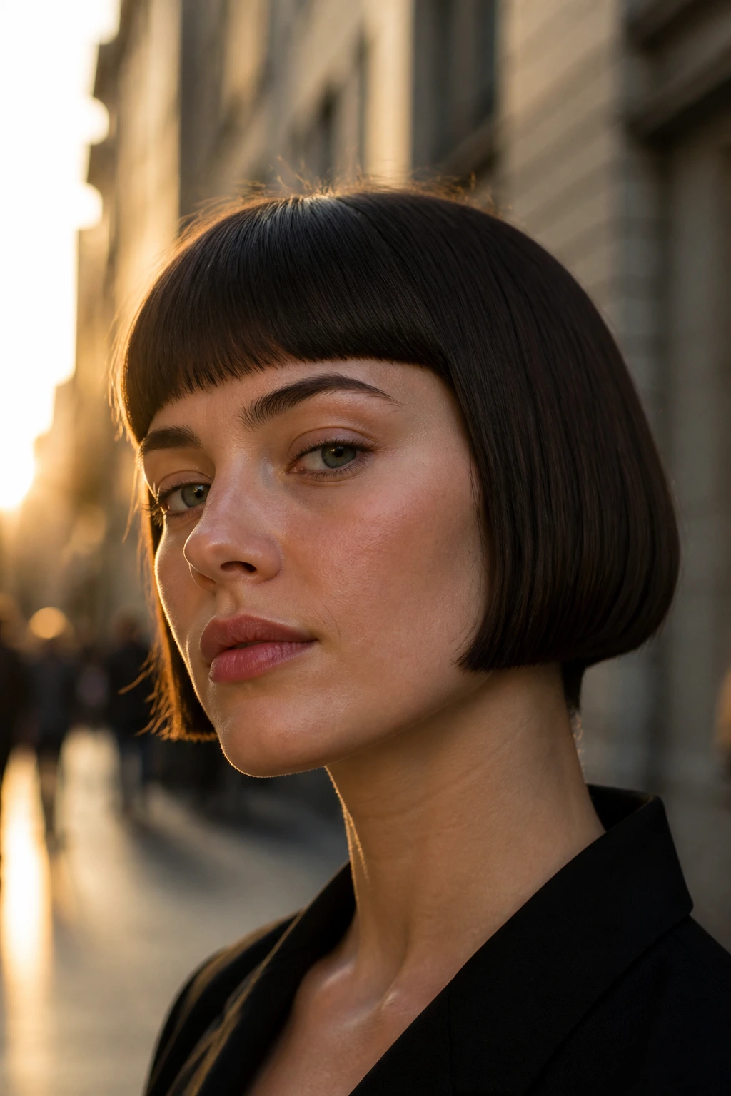 Real woman with a micro bob on an urban street at golden hour